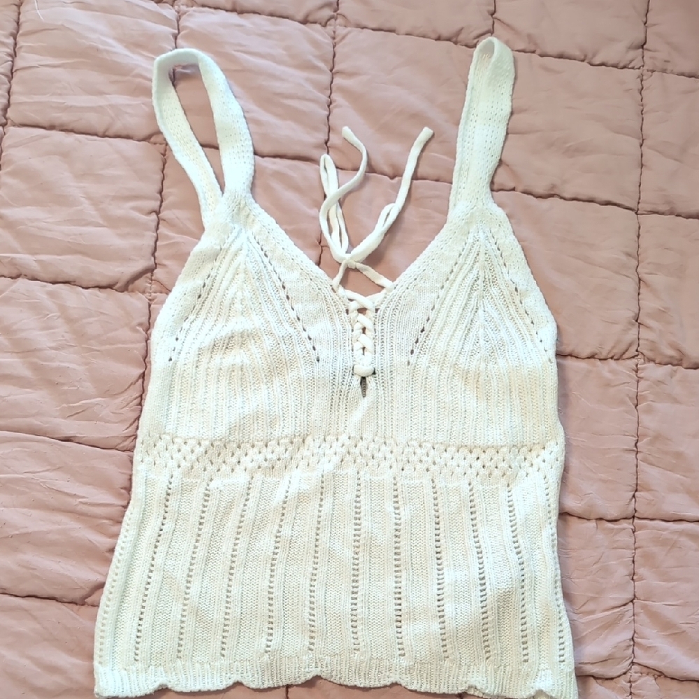 Forever 21 Cream Ribbed Tie Front Sleeveless Tank Top